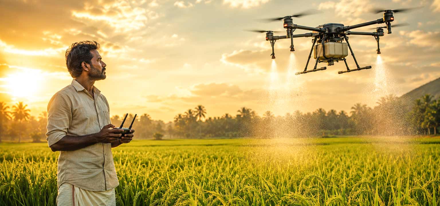 A farmer operating a drone over a field